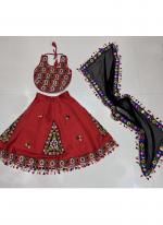 Art Silk Red Navratri Wear Kutchi Work Readymade Kids Lehenga Choli